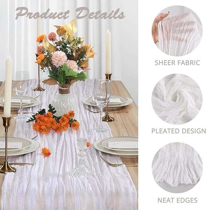 6 Pack White Cheesecloth Table Runner, 10FT Long Boho Gauze White Table Runner, 35x120 Inch Rustic Sheer Runners for Wedding Bridal Baby Shower Birthday Party Table Decor
