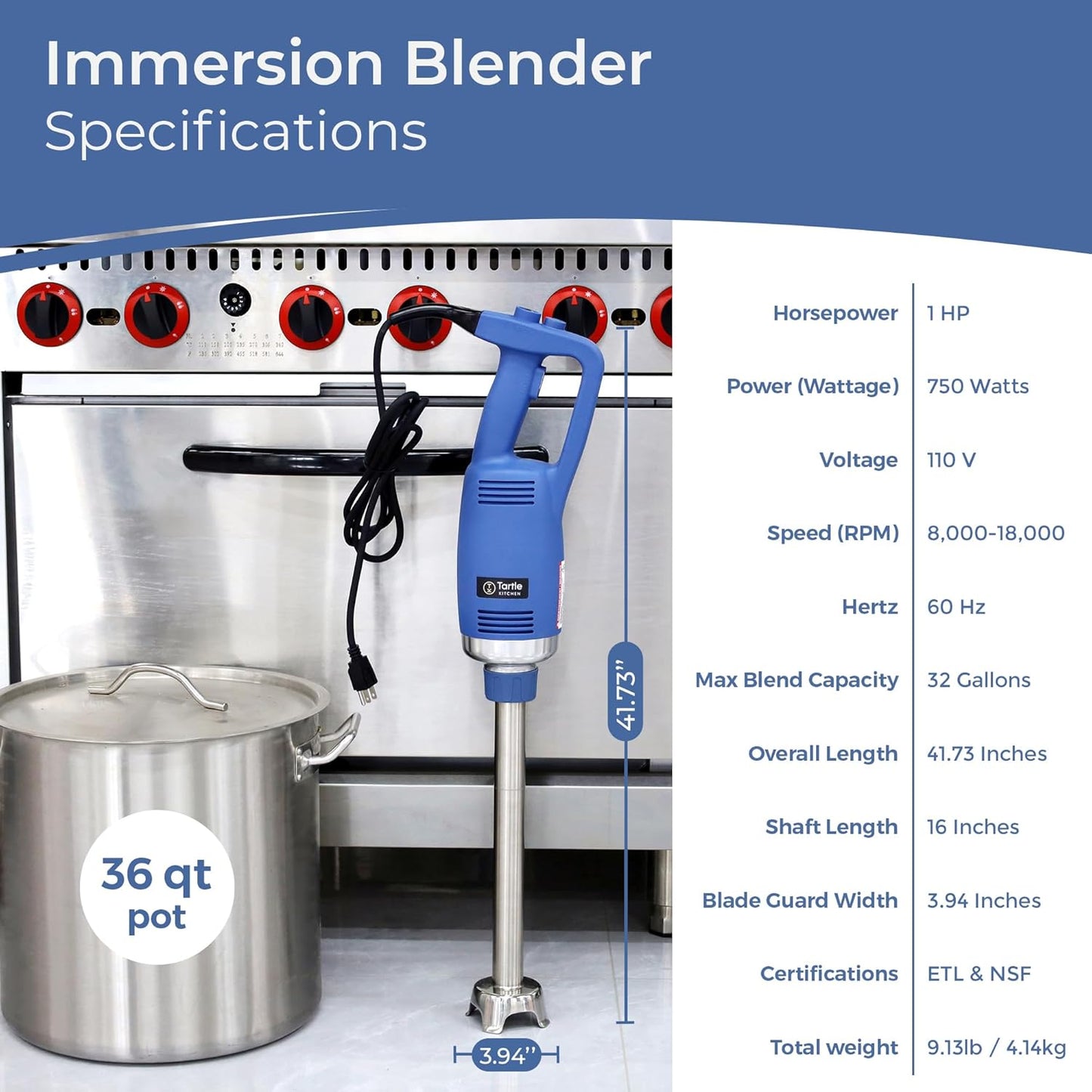 TK Commercial Immersion Blender, 750 Watt/1 HP Variable Speed Motor, 20,000 RPM X-Heavy Duty with Performance Assurance - 16"
