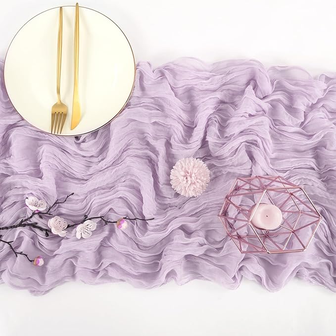 12 Pack 10Ft Lilac Cheesecloth Table Runner 35 x 120 inch Boho Gauze Cheese Cloth Table Runner Vintage Rustic Sheer Runners for Wedding Bridal Shower Birthday Party Cake Table Decorations