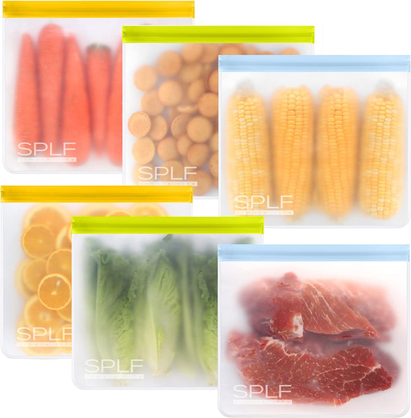 SPLF 6 Pack Reusable Gallon Freezer Bags Dishwasher Safe, BPA Free 1 gallon Leakproof Silicone and Plastic Free Food Storage Bags for Meal Prep, Fruits, Sandwich, Snack, Travel Items - Muticolor