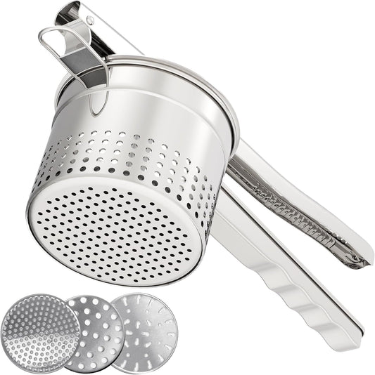 Large 15oz Potato Ricer with 3 Interchangeable Discs, Heavy Duty Stainless Steel Potato Masher with Ergonomic Handle, Masher and Ricer Kitchen Tool for Mashed Potatoes, Noodle Maker