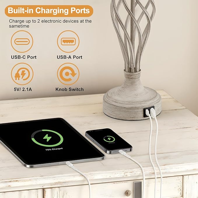 Table Lamp for Bedroom Set of 2 - Light Grey Bedside Lamps with USB C+A Ports,Rustic Distressed Farmhouse Bedroom Lamp - Lamp for Living Room Reading Bed Side End Table Bulbs Included