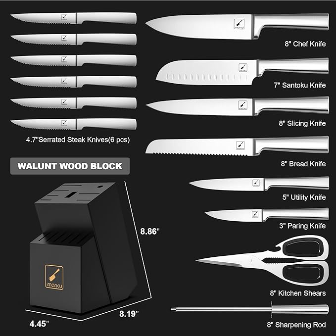 imarku 15 PCS Knife Set: Kitchen Knife Set with High Carbon Stainless Steel, Knife Block Set with Dishwasher Friendly Ultra Sharp Professional Chef Well Balance Knives Set, Best Gifts for Women Men
