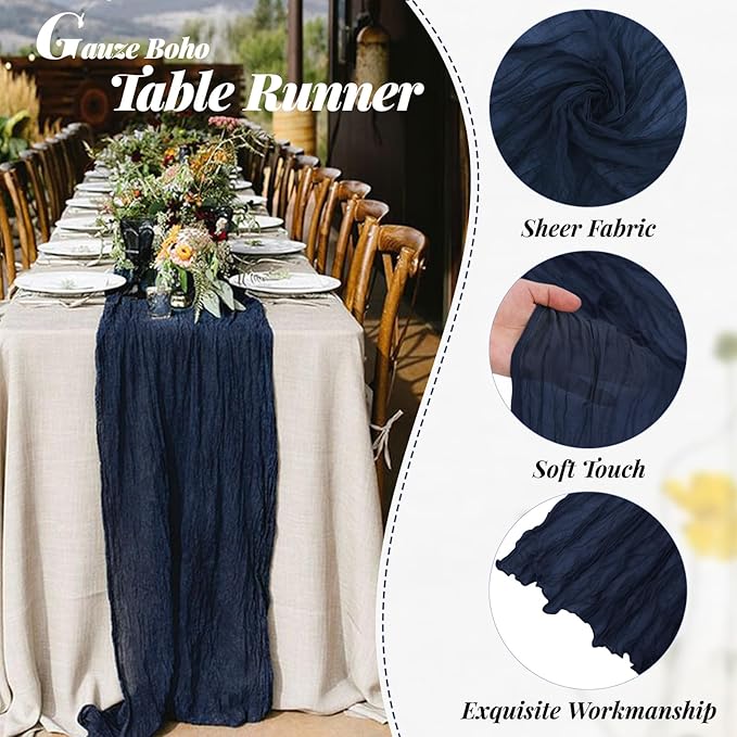 Aktor 12 Pack Navy Blue Cheesecloth Table Runner 10Ft Gauze Table Runner Boho Semi Sheer Cheese Cloth Fabric Runners for Wedding Birthday Baby Shower Party Table Decoration（Navy Blue）