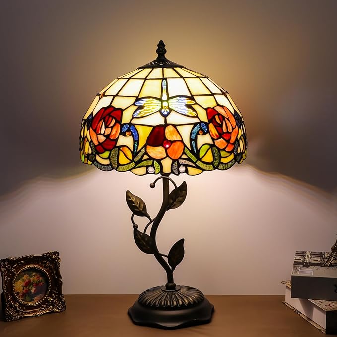Stained Glass Table Lamp, Dragonfly Rose Style Lampshade & Metal Leaf Antique Base Desk Reading Light 12X12X19 Inches Decor for Bedroom Living Room Office