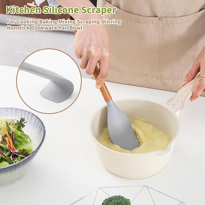 Wooden Cooking Utensils Set, Wood Spoons for Cooking, Non-Stick Kitchen Utensils Cooking Spoon Silicone Scraper Turner Spatula Shovel Slotted, Wood Utensils Set for Cooking 5 Piece Set