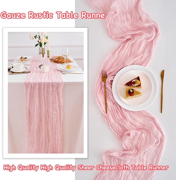 10 Pack Light Pink Table Runner 120 Inch Cheesecloth Table Runner 10FT Boho Gauze Table Runner Long Cheese Cloth Table Runner Semi Sheer Runners for Wedding Bridal Baby Shower Party