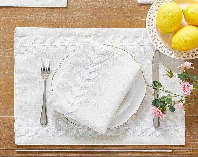 Wracra Embroidered Placemats, 13 x 18 Inch Set of 6 Placemats, Irregular Willow Rustic Place Mats for Kitchen Table and Heat Resistant, White 6PCS