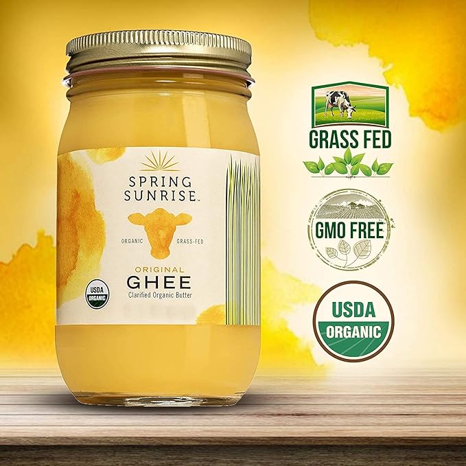 Spring Sunrise Grass Fed Organic Ghee - USDA Certified Clarified Butter - Keto & Paleo Friendly, Non-GMO, Gluten & Casein Free Cooking Oil - Sustainably Sourced - 32 oz Jar, 6 pack