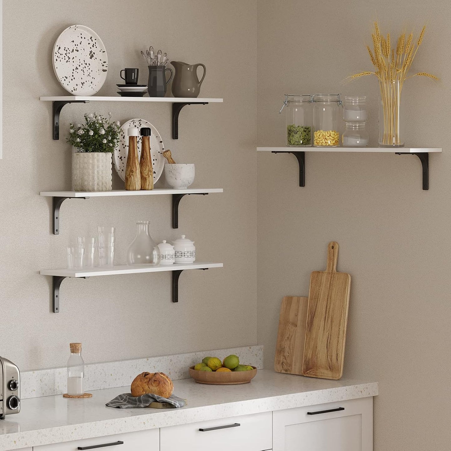 DINZI LVJ Long Wall Shelves, 23.6 Inch Wall Mounted Shelves Set of 2, Easy-to-Install, Wall Storage Ledges with Sturdy Metal Brackets for Living Room, Bathroom, Bedroom, Kitchen, White
