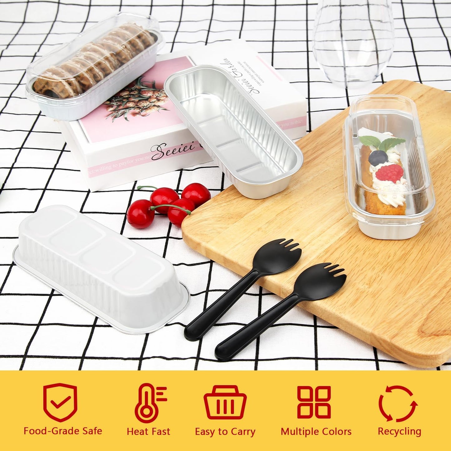 LNYZQUS Mini Loaf Pans with Lids 100 Pack, 6.8oz Mini Cake Pans Rectangle Aluminum Foil Baking Tins Containers,Disposable Small Cake Baking Pan Cupcake Baking Cups Muffin Tins-White