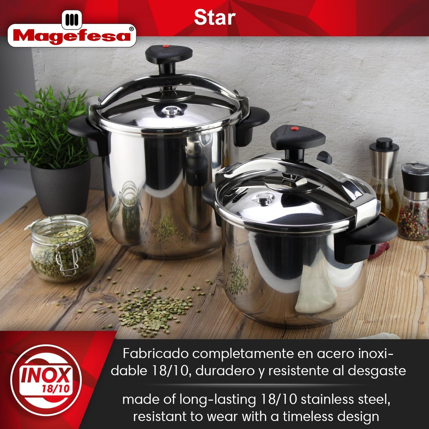 MAGEFESA Star Pressure Cooker, 12.7-Quart, 18/10 Stainless Steel, Works on All Stovetops (Induction Compatible), Safety Lock & 8 PSI Cooking