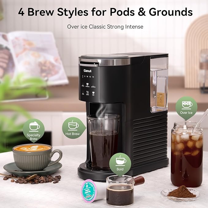 Gevi Single Serve Coffee Maker, Compatible with Pods & Ground Coffee, 40oz Removable Water Reservoir, 5 Brew Sizes (6-14oz), Compact for Kitchen Use, Black