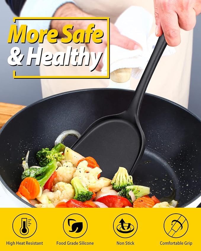 Pack of 2 Silicone Wok Spatula, Non-Stick, Heat Resistant, Easy to Clean and Dishwasher Safe, Seamless Kitchen Utensil for Cooking, Baking, Stir-Fry (Black)