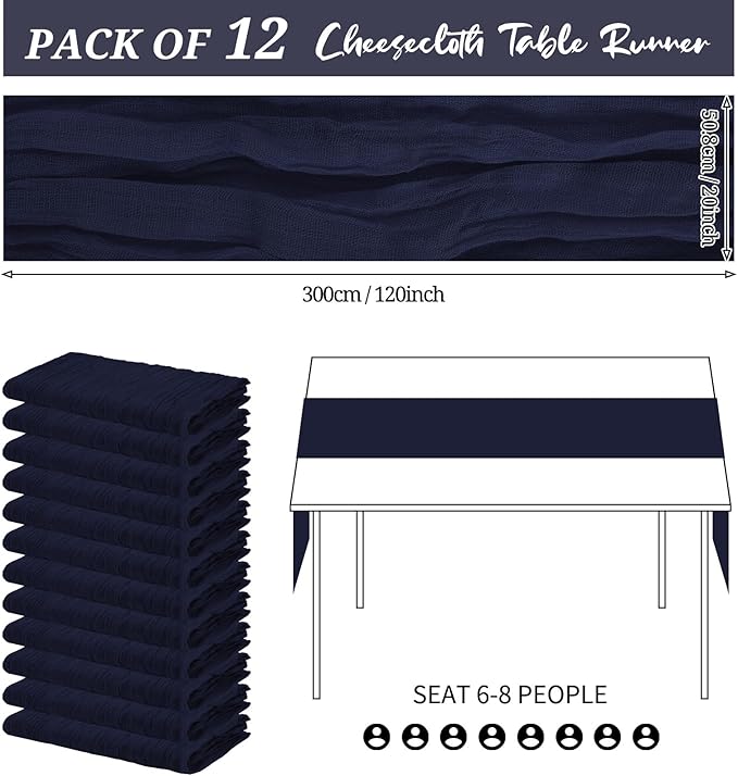 12 Pack Cheesecloth Table Runner 20 x 120 inch Cheese Cloth Table Runner Bulk,Romantic Boho Sheer Gauze Fabric Table Runners for Wedding Reception,Party,Bridal Shower Table Decor(Navy Blue)