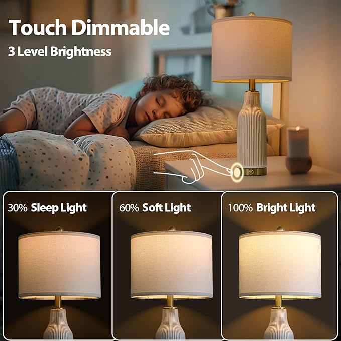 24.5" Modern 3-Way Dimmable Touch Control with USB A+C Ceramic Lamps Set of 2 Table Lamp for Living Room Bedroom Farmhouse Nightstand Bedside White