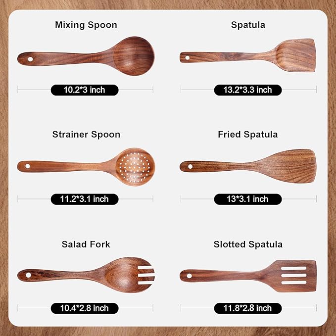 Wooden Spoons for Cooking – 6 Pcs Teak Wood Utensil Set, Durable, Nonstick Safe & Heat Resistant with Ergonomic Handles - Unique Kitchen Gifts for Women Men, Cooking Gifts for Men Women