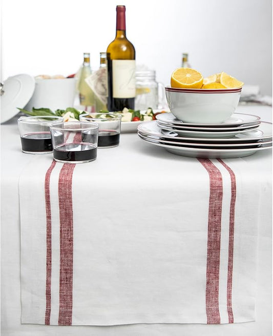 Solino Home Linen Table Runner 120 Inches Long - 100% Pure Linen Burgundy and White French Stripe Table Runner 14 x 120 Inch for Dining, Christmas, New Year