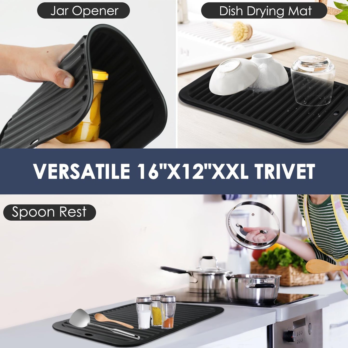 2 Pcs Silicone Trivets Black 16'' X 12'' Nonslip and Heat Resistant Hot Pads Trivets for Hot Pots and Pans Hot Pads for Kitchen(Black)