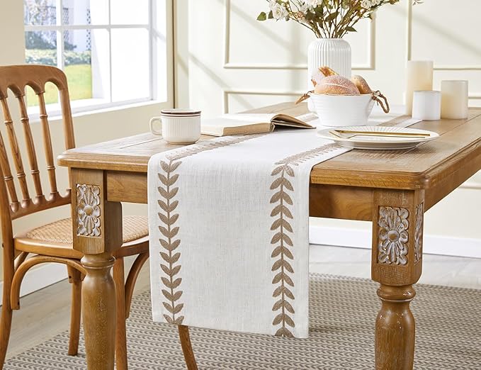 Wracra Embroidered Fall Table Runner Irregular Willow Leaf Table Runners 108 Inches Long for Dresser Home Dining Table Decor,14 x 108 Inch, Taupe