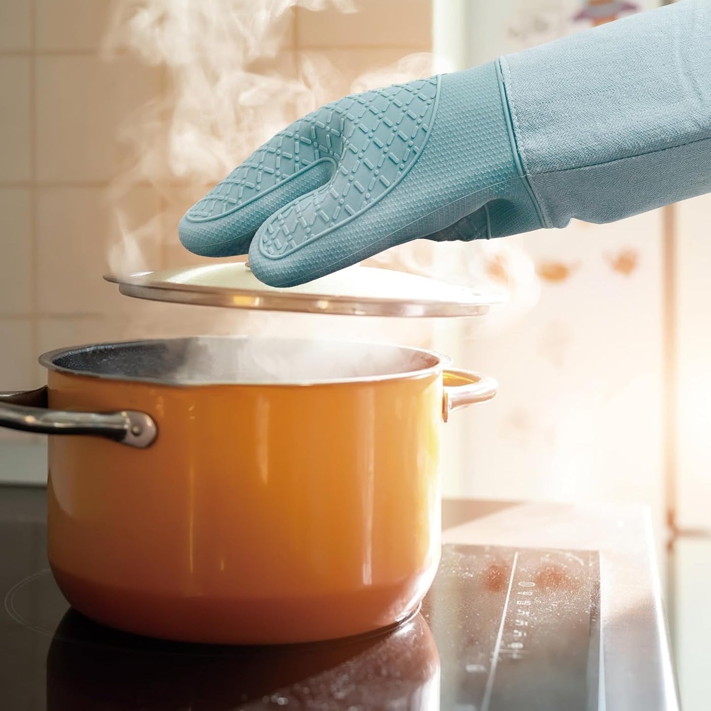 Professional Microwave Silicone Oven Mitts one Pair, Kitchen Mitten Set for Heat Resistant with 500 Degrees, Kitchen Gloves Pot Holder for BBQ Cooking Baking (Light Blue)