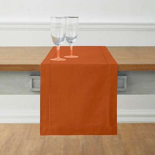 Solino Home Cotton Linen Cinnamon Table Runner 90 Inches Long - Hemstitch 14 x 90 Inch Table Runner - Handcrafted and Machine Washable