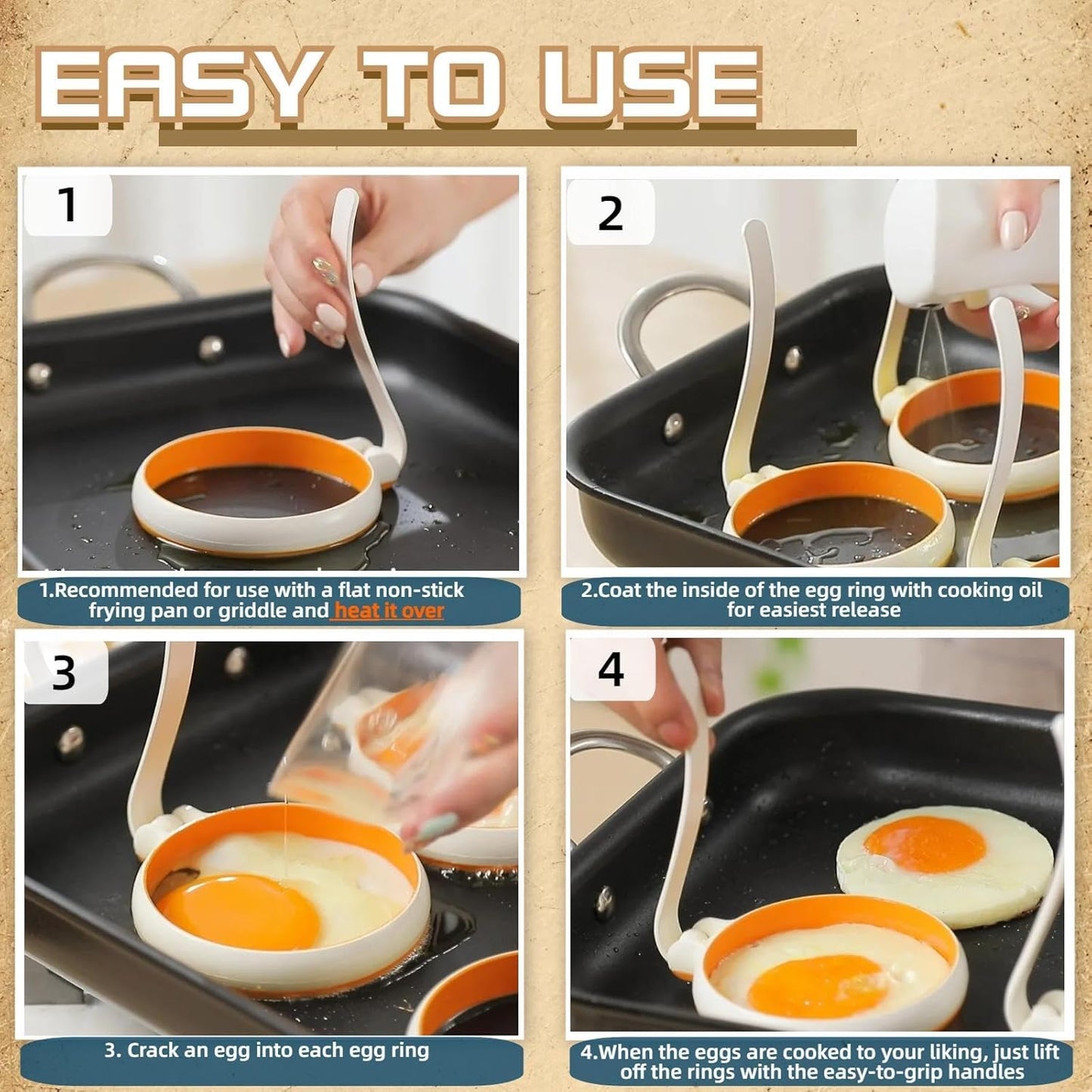 Silicone Fried Egg Cooker Rings Set,Nonstick,Easy to Use&Clean, 4-pack, Round Egg Mold for Cooking Pancake,Breakfast Sandwich, fit McMuffin Biscuit,Griddle Egg Ring for Frying Eggs