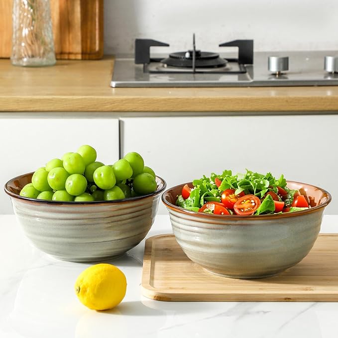 Mixing Bowls 65oz,Large Deep Ceramic Bowls for Prep, Baking,Salad, Pasta, Ramen, Popcorn,Serving Bowls for Baking, Cooking, Kitchen, Party，Dinner,Microwave & Dishwasher Safe Set of 2,Brown