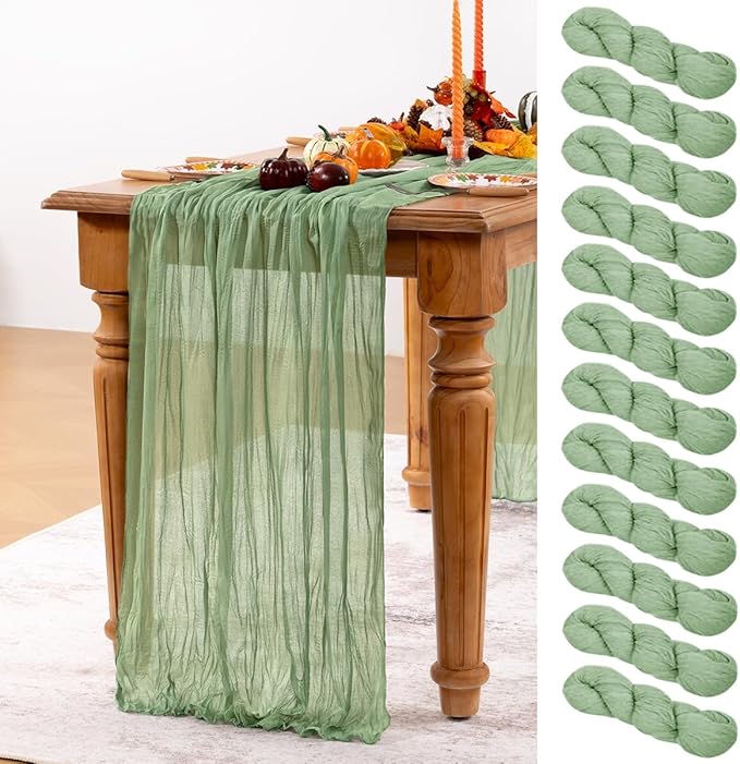 Sage Green Cheesecloth Table Runner 12 Pack Christmas Table Runners Boho Gauze 120 Inches Sage Cheese Cloth Table Decor for Xmas Holiday Season Parties Wedding Bridal Baby Shower Tea Party