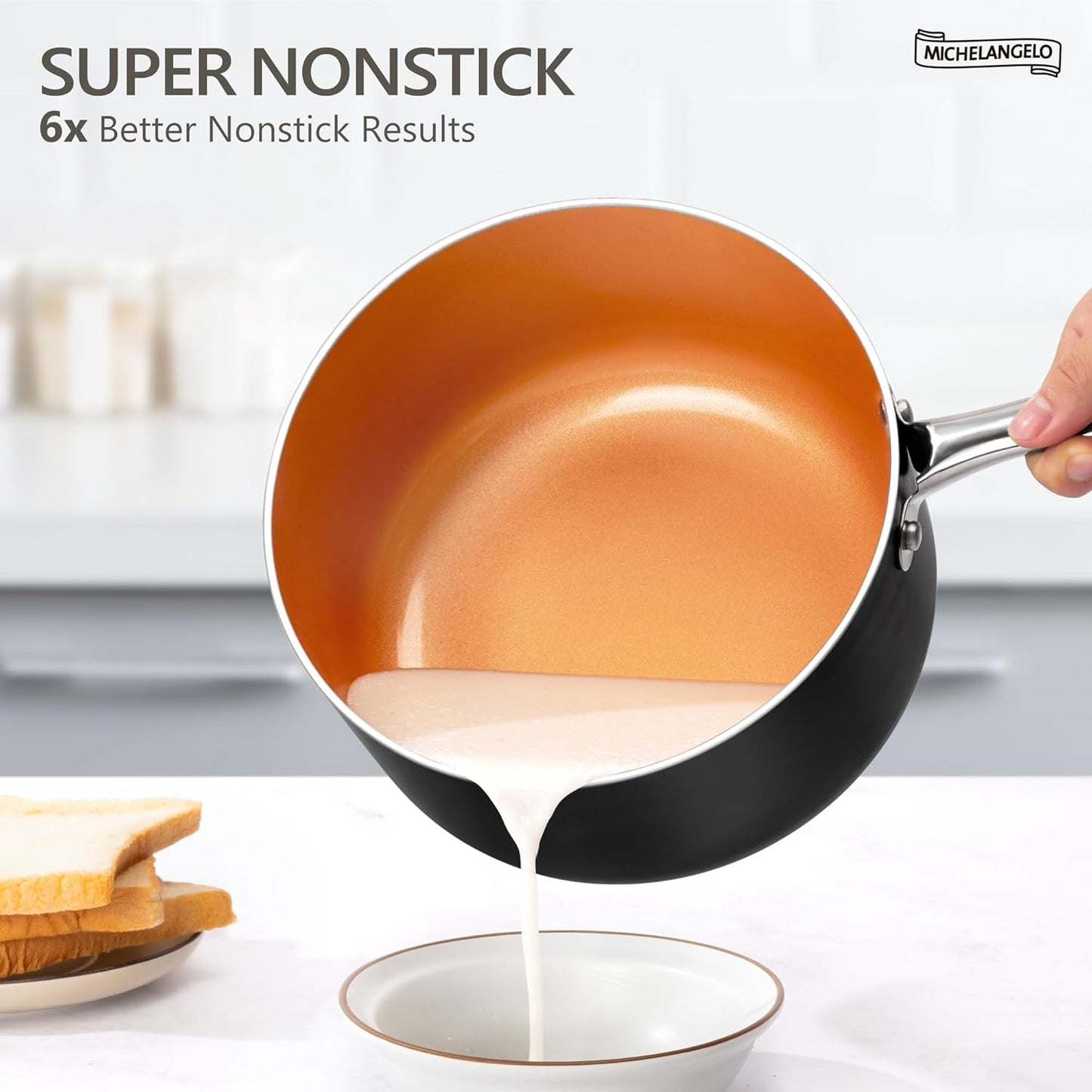 MICHELANGELO Sauce Pan with Lid, 1Qt & 2Qt & 3Qt Sauce Pan Set, Ceramic Saucepans with Lids, Copper Small Pots, Nonstick Saucepan Set, Oven Safe