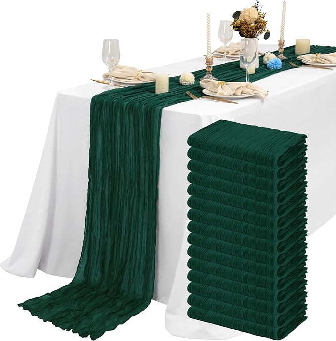 15 Packs Cheesecloth Table Runner Emerald Green,10 Ft Dark Green Rustic Gauze Boho Wedding Table Runner Decoration, Wedding Table Decor for Wedding Party Bridal Shower Table,21.5x120in