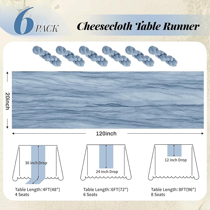 Aktor 6 Pack Dusty Blue Cheesecloth Table Runner 10Ft Gauze Table Runner Boho Semi Sheer Cheese Cloth Fabric Runners for Wedding Birthday Baby Shower Party Table Decoration（Dusty Blue）