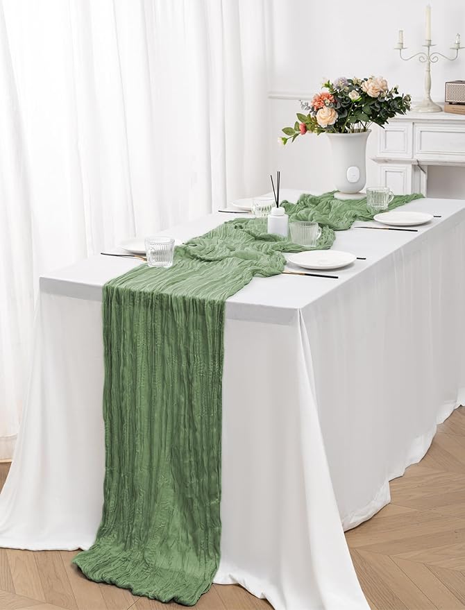 12 Pack Sage Green Table Runner 10FT Cheesecloth Table Runner 21 x 120 inch Boho Gauze Cheese Cloth Table Runner Rustic Sheer Table Runner for Party Wedding Bridal Baby Shower Birthday Table Decor