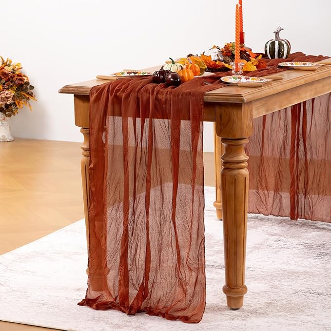 Terracotta Cheesecloth Table Runner Burnt Orange 6 Pack Christmas Table Runners 120 Inches Rust Cheese Cloth Table Decor for Xmas Holiday Season Parties Wedding Bridal Baby Shower Party