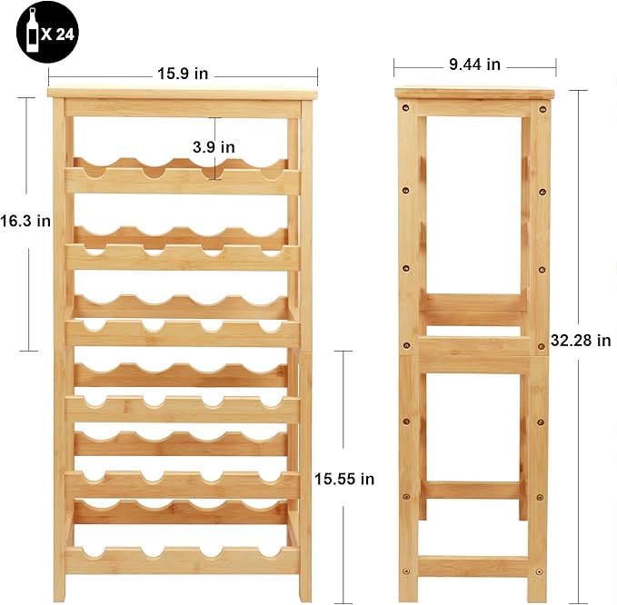 Wine Rack Free Standing Floor, 6-Tier 24 Bottles Display Wine Storage Shelves with Table Top, Easy-Assembly Freestanding Bamboo Wine Racks for Kitchen Dining Room Bar, Natural