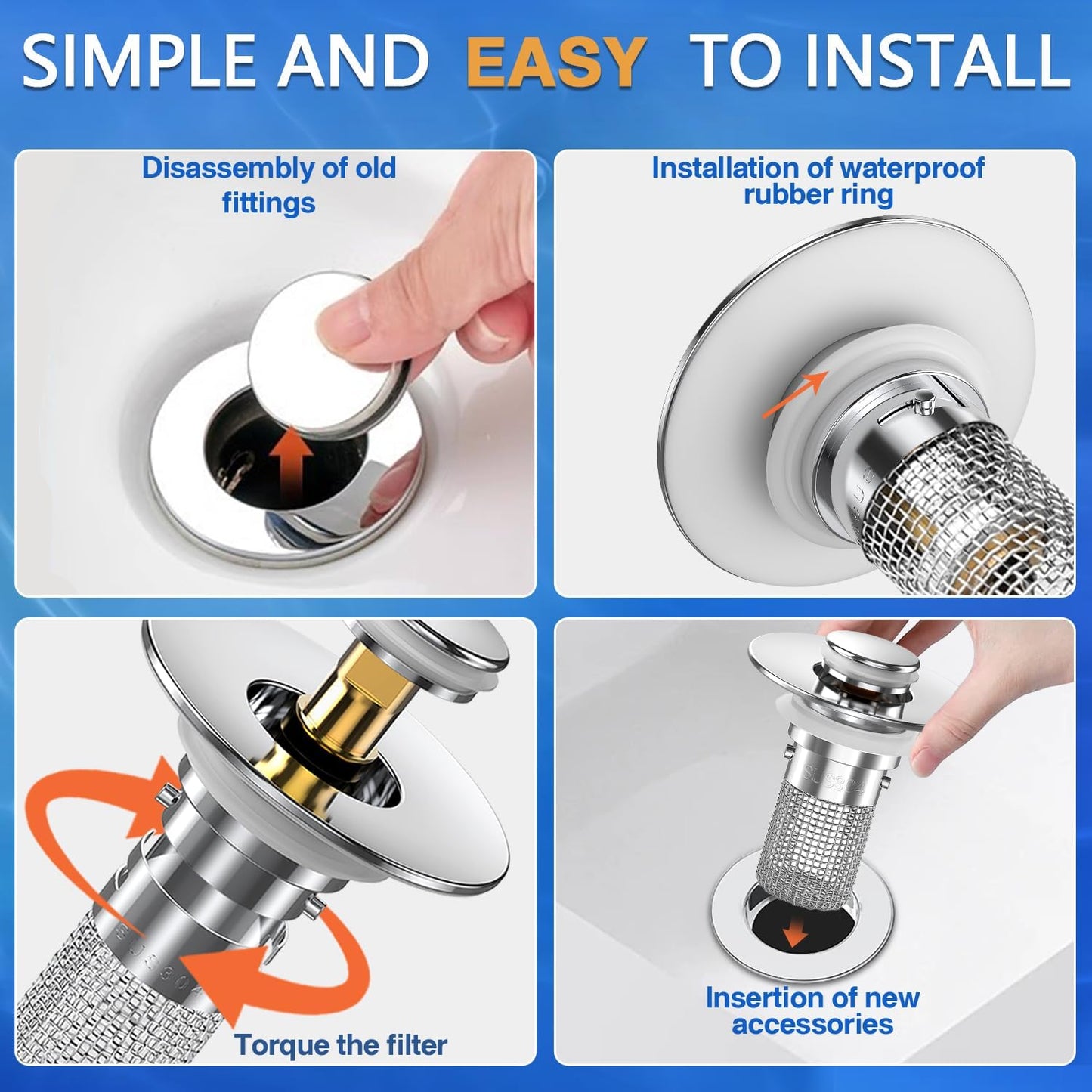 Sink Stopper Hair Catcher, Pop-up Sink Drain Strainer with Removable Stainless Steel Strainer Basket Hair Catcher, Bathroom Sink Strainer for Bathroom Sink Stopper Replacement (4PCS)