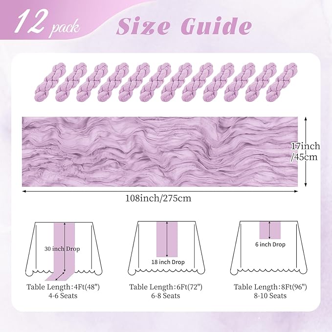 12 Pack Lavender Cheesecloth Table Runner 17x108 Inch Semi Sheer Boho Gauze Cheese Cloth Fabric Table Runners, for Wedding Party Baby Shower Birthday Home Decor Garden Farmhouse