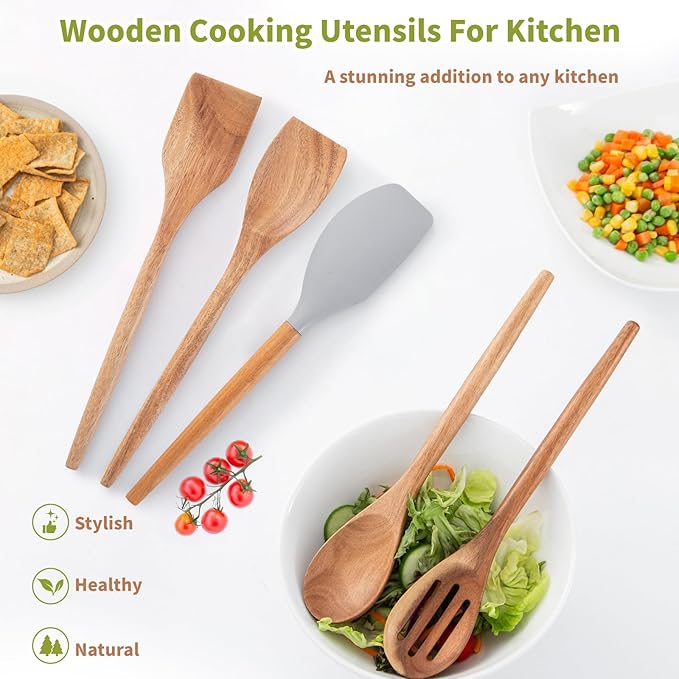Wooden Cooking Utensils Set, Wood Spoons for Cooking, Non-Stick Kitchen Utensils Cooking Spoon Silicone Scraper Turner Spatula Shovel Slotted, Wood Utensils Set for Cooking 5 Piece Set