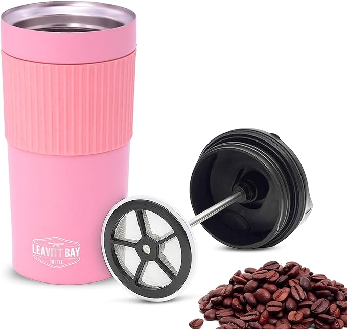Portable French Press Travel Mug – Insulated Stainless Steel French Press Mug for Hot or Cold Brew – Durable Travel Coffee Maker – On-the-Go Tea & Coffee Maker (Pink)