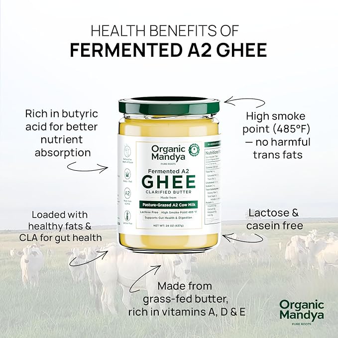Organic Mandya Grass Fed Ghee A2 Butter, Pasture Raised, Lactose Free, Stress-Free Cattle, Ethically Sourced | Fermented A2 Ghee (16 oz / 475 ml)