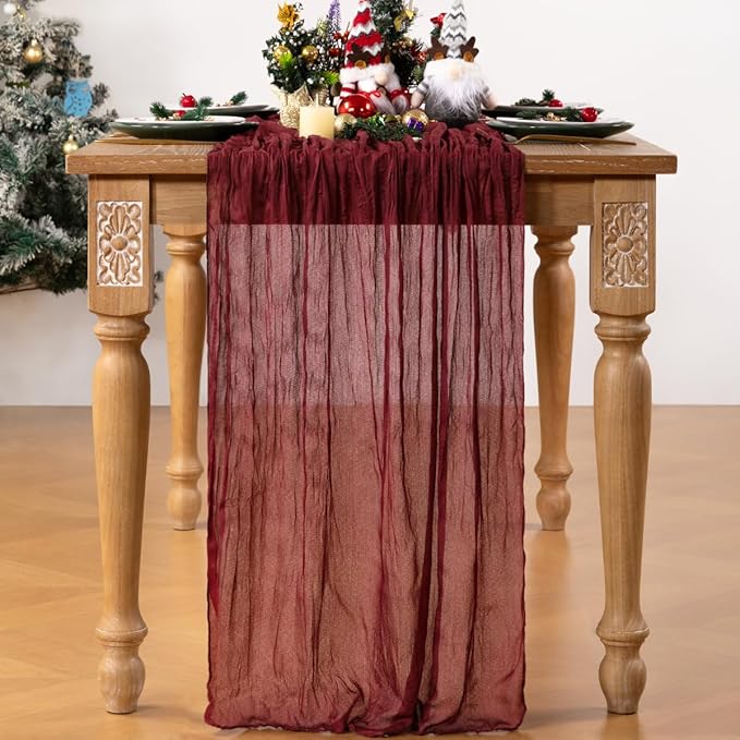 Burgundy Red Cheesecloth Table Runner 4 Pack Christmas Red Table Runners Boho Gauze 120 Inches Cheese Cloth Table Decor for Xmas Holiday Season Parties Weddings Candlelight Dinner