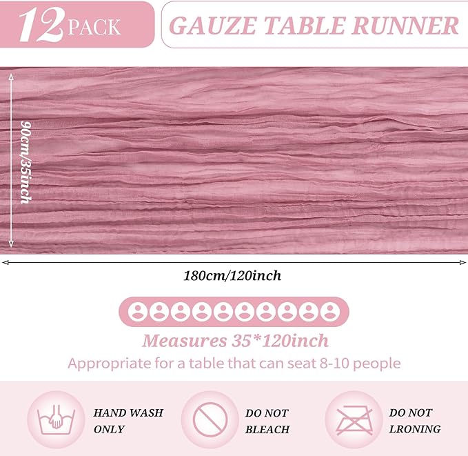 12 Pack Cheesecloth Table Runner 35 x 120 inch Long Boho Cheese Cloth Gauze Table Runners Semi Sheer Table Runner for Wedding Decor, Bridal Shower, Birthday Party (Dusty Rose)