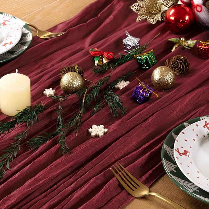 Burgundy Red Cheesecloth Table Runner 4 Pack Christmas Red Table Runners Boho Gauze 120 Inches Cheese Cloth Table Decor for Xmas Holiday Season Parties Weddings Candlelight Dinner