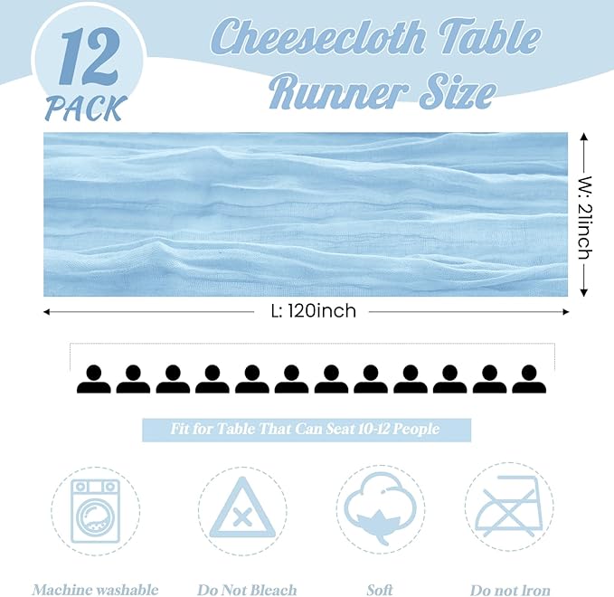 12 Pack Light Blue Table Runner 10FT Cheesecloth Table Runner 21 x 120 inch Boho Gauze Cheese Cloth Table Runner Rustic Sheer Table Runner for Party Wedding Bridal Baby Shower Birthday Table Decor