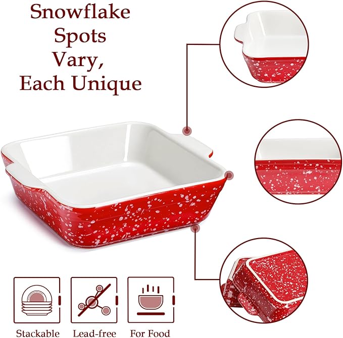 NUTRIUPS 13oz 5.9x5.9in Square Ceramic Baking Dish Set, 2-Pack Small Oven-Safe Baking Pan for Lasagna, Casserole - Bakeware for Baking & Serving (Red)