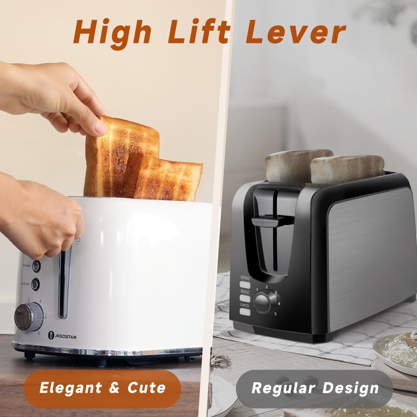 Aigostar Retro 2 Slice Toaster - Stainless Steel, Extra Wide Slots, Bagel Function, Cancel & Defrost, 6 Shade Settings, Removable Crumb Tray, White