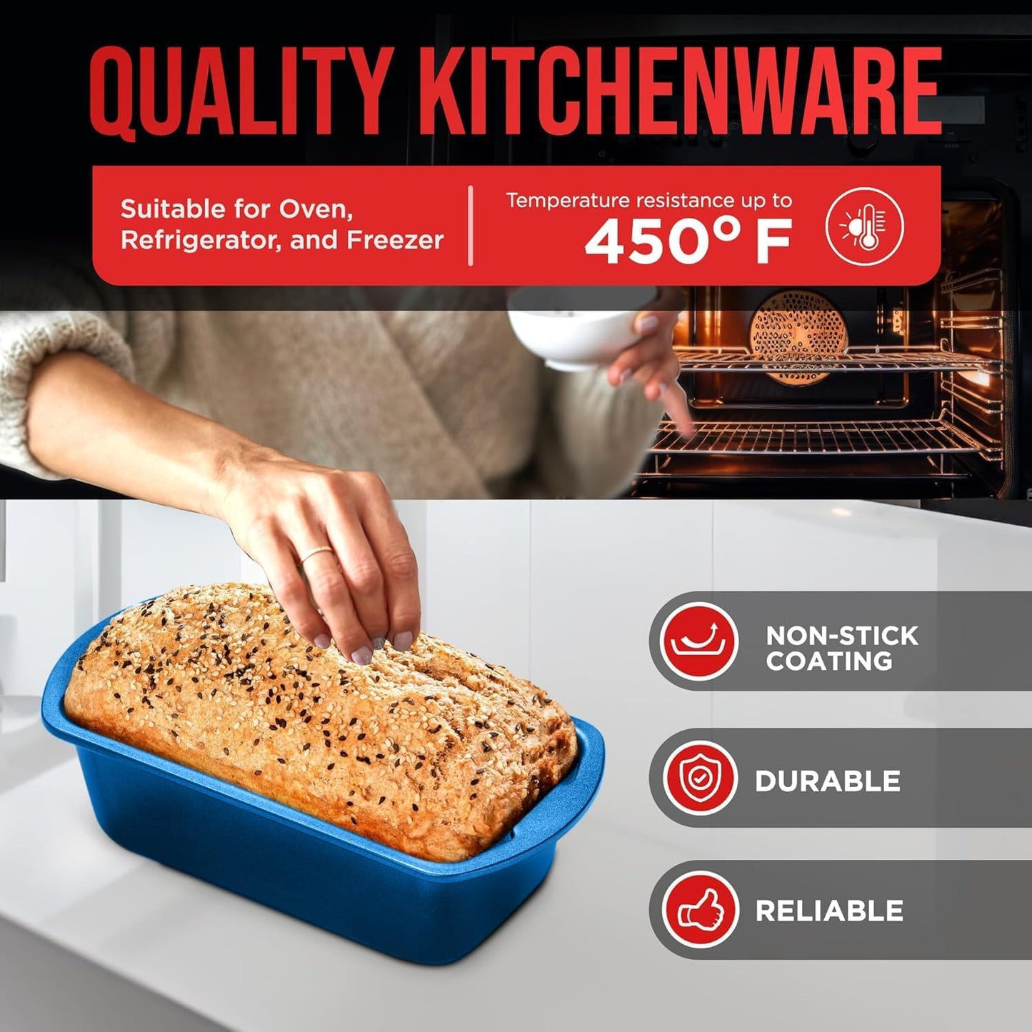 Nonstick Loaf Pan Set Pack of 4, Carbon Steel 11" Large Baking Bread Pan, Oven Safe Up to 450°F, PFOA, PFOS, PTFE Free, Space Saving Stackable Design, Stain Resistant, Dishwasher Friendly, Blue Marble