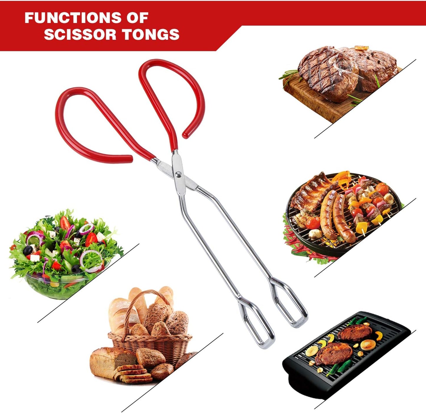MSY BIGSUNNY 10 Inch Stainless Steel Scissor Tongs, Heavy Duty Cooking Tongs with Soft Handles, Multi-function Serving Tongs for Barbecue, Salad, Buffet, Fry (Set of 2, Red)