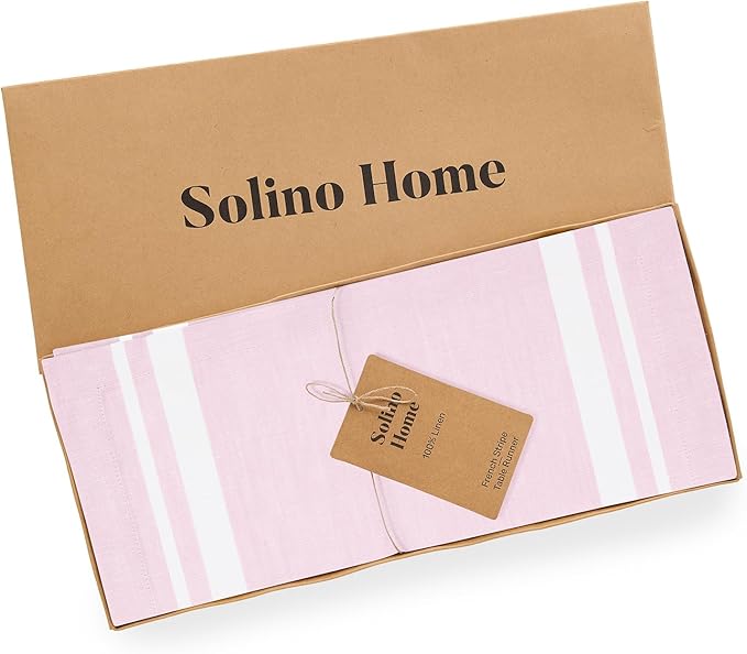Solino Home Linen Table Runner 90 Inches Long - 100% Pure Linen White and Dusty Pink French Stripe Table Runner 14 x 90 Inch for Dining