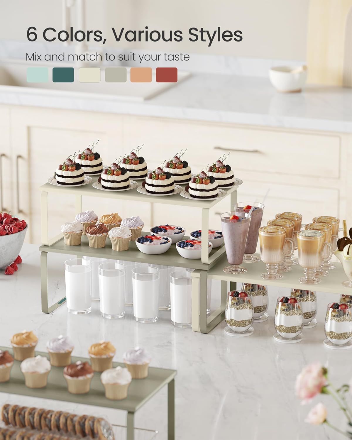 SONGMICS Cabinet Organizer Shelf, Set of 2 Kitchen Counter Shelves, Kitchen Storage, Spice Rack, Stackable, Expandable, Metal and Engineered Wood, Cream White UKCS200W02